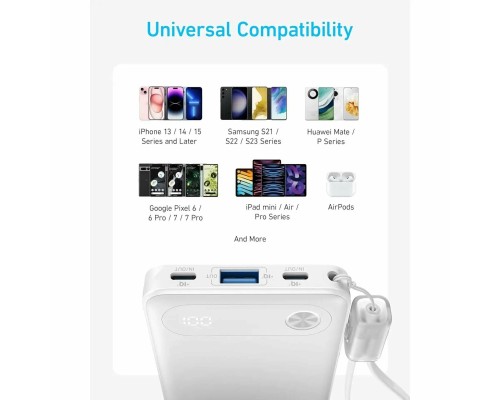 Powerbank Anker (A1257) 10000mAh 1USB/2C с проводом Type-C белый