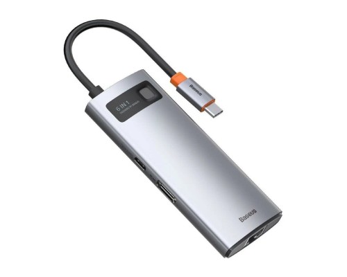 USB-концентратор Baseus Metal Gleam Series 6-in-1 (CAHUB-CW0G), USB Type-C - 3×USB3.0, HDMI, USB Type-C, RJ45, Space Grey