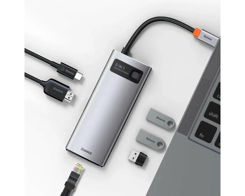 USB-концентратор Baseus Metal Gleam Series 6-in-1 (CAHUB-CW0G), USB Type-C - 3×USB3.0, HDMI, USB Type-C, RJ45, Space Grey