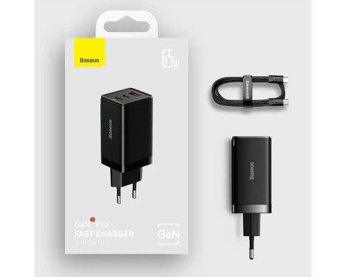 Зарядное устройство Baseus GaN5 Pro Fast Charger 2C+U 65W + кабель Type-C to Type-C PD100W 1m (CCGP120201), черный