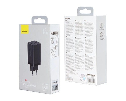 Зарядное устройство Baseus GaN5 Pro Fast Charger 2C+U 65W + кабель Type-C to Type-C PD100W 1m (CCGP120201), черный