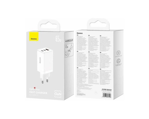 Зарядное устройство Baseus GaN5 Pro Fast Charger 2C+U 65W + кабель Type-C to Type-C PD100W 1m (CCGP120202), белый