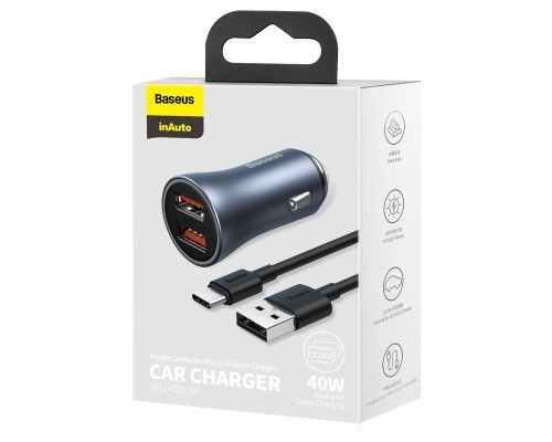 Автомобильная зарядка Baseus Golden Contactor Pro U+U 40W с кабелем USB to Type-C 5A 1.0m, темно-серый (TZCCJD-A0G)