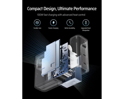 Зарядное устройство Cuktech GaN 100W (AD1003EU) 2C+1A, с кабелем Type-C, белый