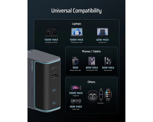 Зарядное устройство Cuktech GaN 100W (AD1003EU) 2C+1A, с кабелем Type-C, белый