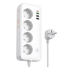 Сетевой фильтр Hoco AC22 4 гнезда + USB Type-C + 3 USB, PD30W "быстрая зарядка", 1,5м, 2,5кВт, белый