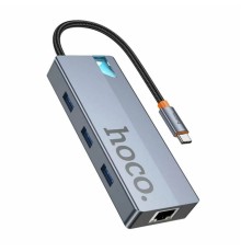 Хаб адаптер HOCO HB51 Wow 6-in-1, Type-C to USB3.0*3 + PD 100W + HDMI 4K@60Hz + RJ45, Алюминий, Серый