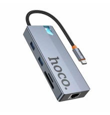 Хаб адаптер HOCO HB52 8-in-1, Type-C to USB3.0x2 + PD 100W + USB-C3.0 + HDMI 4K@60Hz + RJ45 + SD + TF, Алюминий, Серый