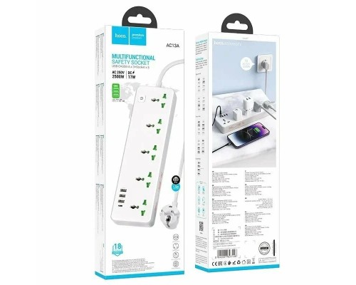 Сетевой фильтр Hoco AC13A 5 гнезд + Type-C USB-C + 3USB 1.5м 2,5кВт белый