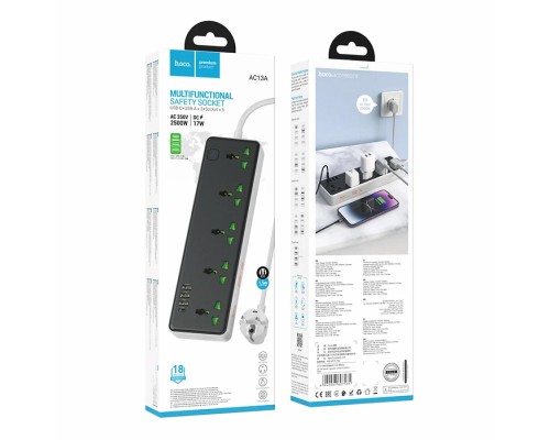 Сетевой фильтр Hoco AC13A 5 гнезд + Type-C USB-C + 3USB 1.5м 2,5кВт черный