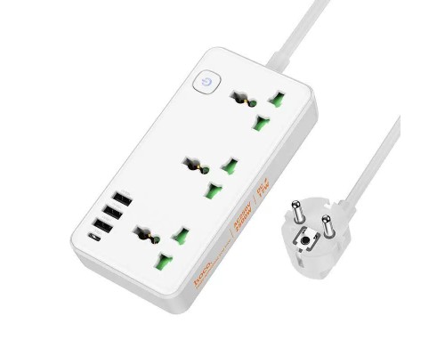 Сетевой фильтр Hoco AC7A 3 гнезда + Type-C (USB-C + 3USB) 1.5м 2,5кВт белый