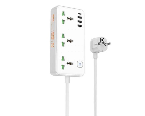 Сетевой фильтр Hoco AC7A 3 гнезда + Type-C (USB-C + 3USB) 1.5м 2,5кВт белый