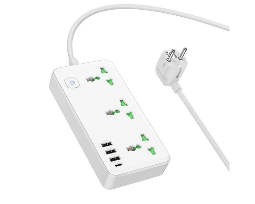 Сетевой фильтр Hoco AC7A 3 гнезда + Type-C (USB-C + 3USB) 1.5м 2,5кВт белый