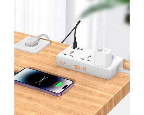 Сетевой фильтр Hoco AC7A 3 гнезда + Type-C (USB-C + 3USB) 1.5м 2,5кВт белый