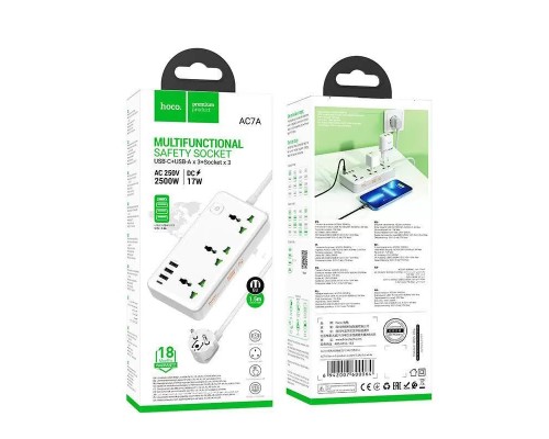 Сетевой фильтр Hoco AC7A 3 гнезда + Type-C (USB-C + 3USB) 1.5м 2,5кВт белый