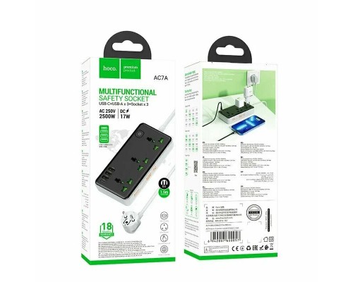 Сетевой фильтр Hoco AC7A 3 гнезда + Type-C (USB-C + 3USB) 1.5м 2,5кВт черный