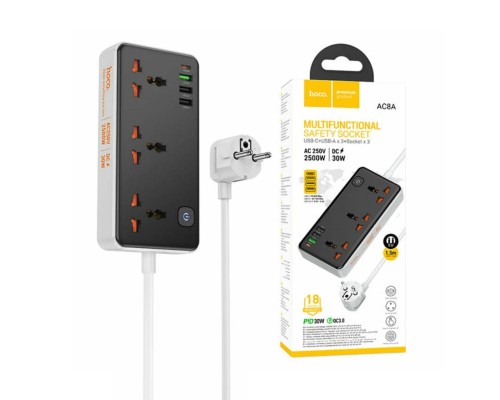 Сетевой фильтр Hoco AC8A 3 гнезда + Type-C (USB-C + 3USB PD30W Fast Charger) 1.5м 2,5кВт черный