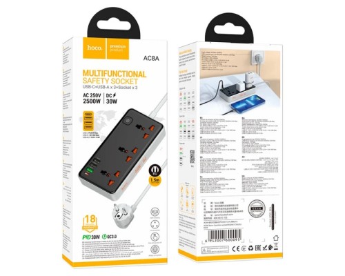 Сетевой фильтр Hoco AC8A 3 гнезда + Type-C (USB-C + 3USB PD30W Fast Charger) 1.5м 2,5кВт черный