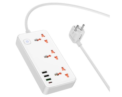 Сетевой фильтр Hoco AC8A 3 гнезда + Type-C (USB-C + 3USB PD30W Fast Charger) 1.5м 2,5кВт белый