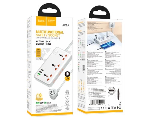 Сетевой фильтр Hoco AC8A 3 гнезда + Type-C (USB-C + 3USB PD30W Fast Charger) 1.5м 2,5кВт белый