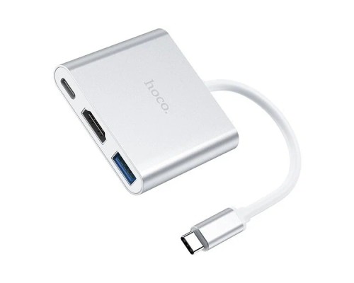 Разветвитель адаптер переходник концентратор Type-C Hoco HB14 Easy use USB-C на USB3.0 + HDMI + PD, серебряный