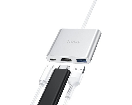 Разветвитель адаптер переходник концентратор Type-C Hoco HB14 Easy use USB-C на USB3.0 + HDMI + PD, серебряный