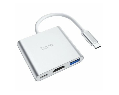 Разветвитель адаптер переходник концентратор Type-C Hoco HB14 Easy use USB-C на USB3.0 + HDMI + PD, серебряный