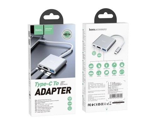 Разветвитель адаптер переходник концентратор Type-C Hoco HB14 Easy use USB-C на USB3.0 + HDMI + PD, серебряный