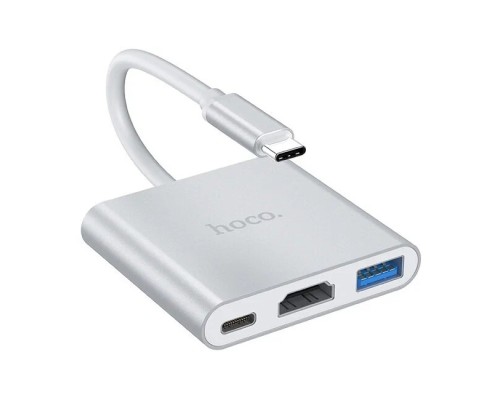 Разветвитель адаптер переходник концентратор Type-C Hoco HB14 Easy use USB-C на USB3.0 + HDMI + PD, серебряный
