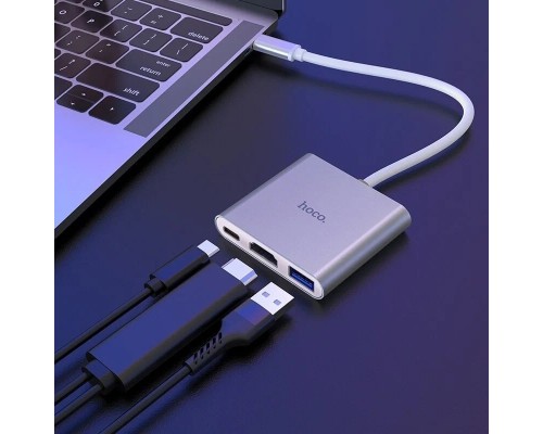 Разветвитель адаптер переходник концентратор Type-C Hoco HB14 Easy use USB-C на USB3.0 + HDMI + PD, серебряный