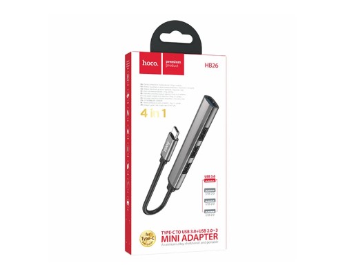Разветвитель адаптер переходник концентрато Type-C Hoco HB26 на USB 3.0 и 3 x USB 2.0 для MacBook Apple серый