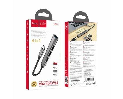 Разветвитель адаптер переходник концентрато Type-C Hoco HB26 на USB 3.0 и 3 x USB 2.0 для MacBook Apple серый