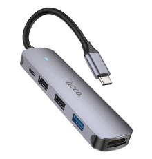 Разветвитель адаптер переходник концентратор Type-C HUB Хаб HOCO HB27 5в1 серый металлик