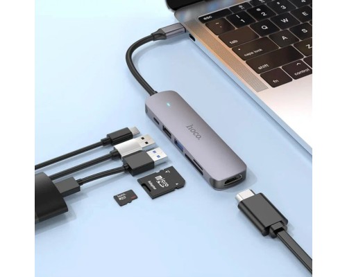 Разветвитель адаптер переходник концентратор Type-C HUB Хаб HOCO HB28 6в1 серый металл