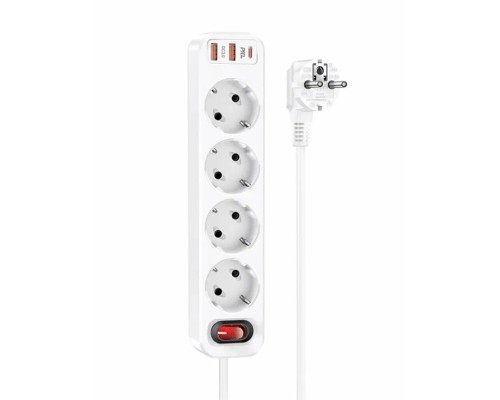Сетевой фильтр-удлинитель Hoco NS1, 2USB+1C+4BIT, 4000W с Кабелем 1.8 метра, Белый