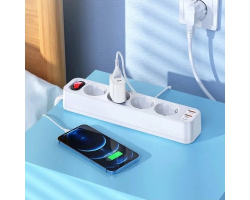 Сетевой фильтр-удлинитель Hoco NS1, 2USB+1C+4BIT, 4000W с Кабелем 1.8 метра, Белый
