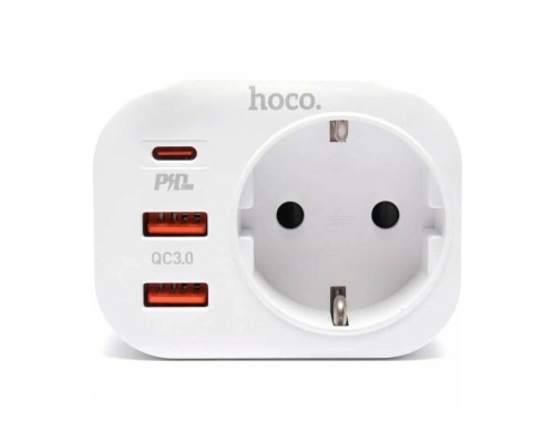 Сетевой фильтр Hoco NS3, 1 розетка, с зарядным устройством 2USB + Type-C 16А / 4000 Вт белый