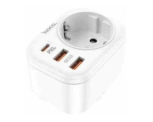 Сетевой фильтр Hoco NS3, 1 розетка, с зарядным устройством 2USB + Type-C 16А / 4000 Вт белый