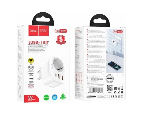 Сетевой фильтр Hoco NS3, 1 розетка, с зарядным устройством 2USB + Type-C 16А / 4000 Вт белый