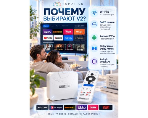 Медиаплеер Homatics Box 4K V2 2/64 Гб, Wi-Fi 6, Android TV 14, белый