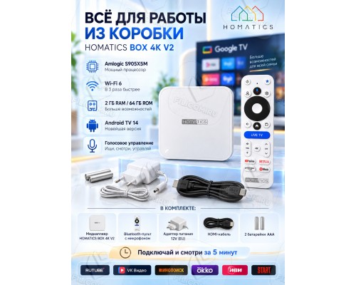 Медиаплеер Homatics Box 4K V2 2/64 Гб, Wi-Fi 6, Android TV 14, белый