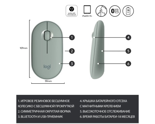 Беспроводная компактная мышь Logitech Pebble M350 Green (910-005720)