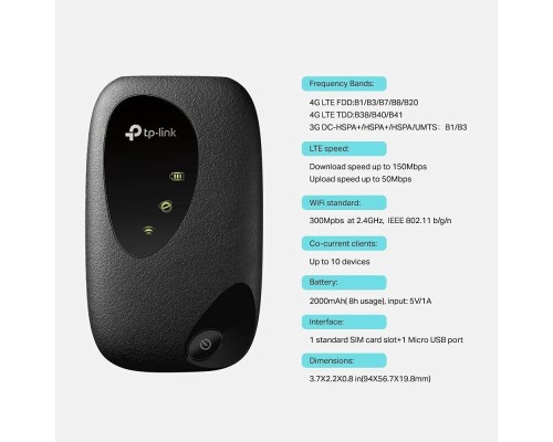 Мобильный роутер TP-Link M7010, черный, Wi-Fi, 2,4 ГГц, скорость 300 Mbps