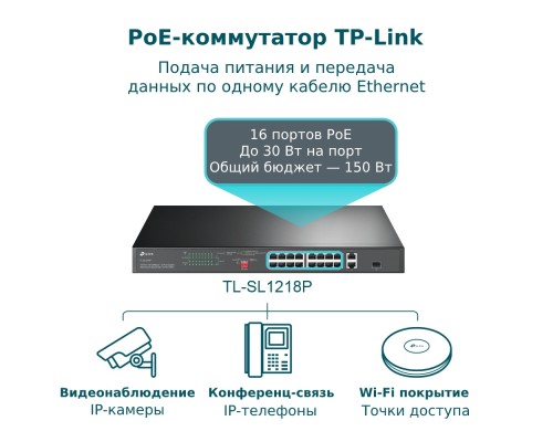 Коммутатор TP-Link TL-SL1218P с 16 портами PoE+ 10/100 Мбит/с, гигабитным портом RJ45 и комбинированным портом RJ45/SFP